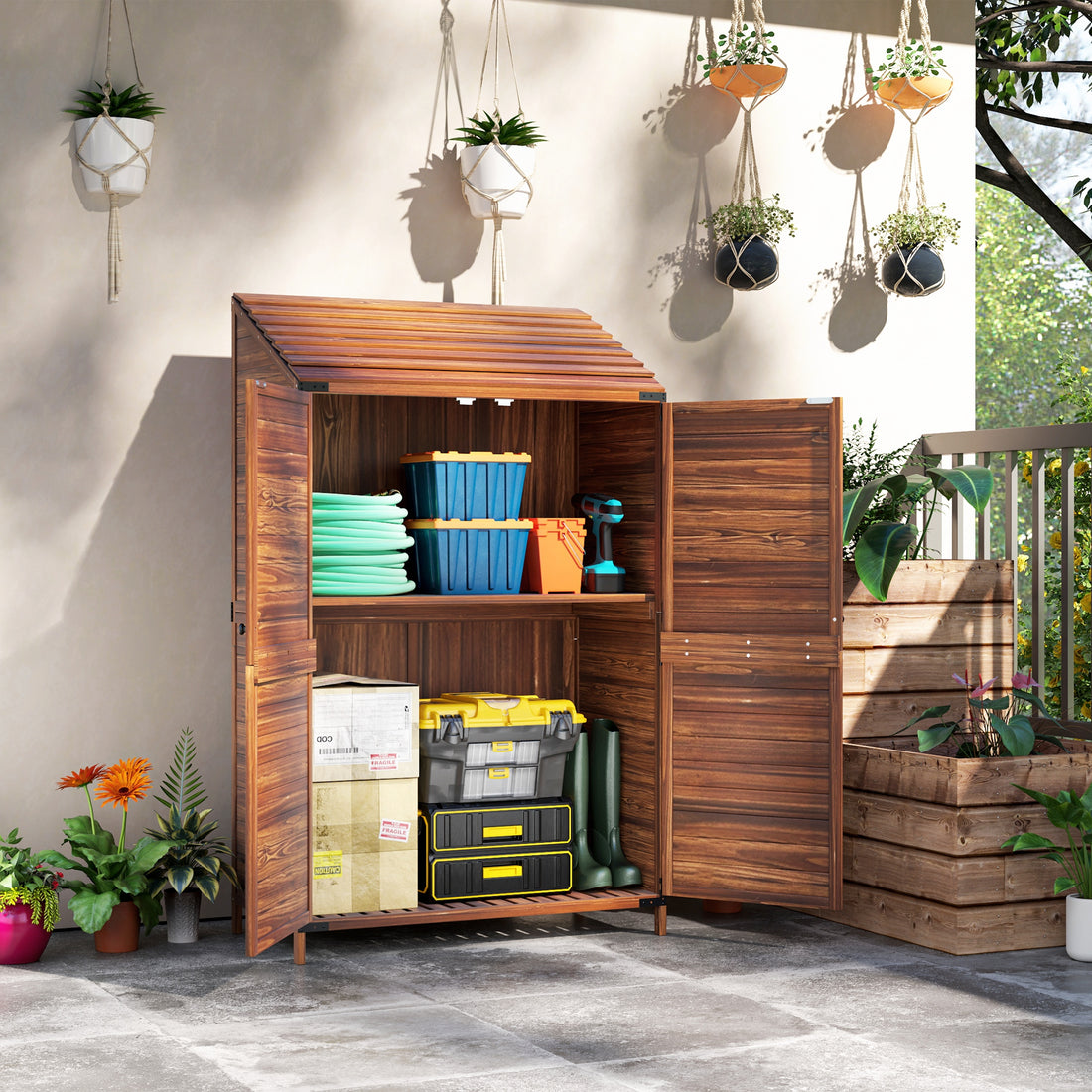 59 x 103.5 cm Two-Tier Wooden Garden Shed - Brown
