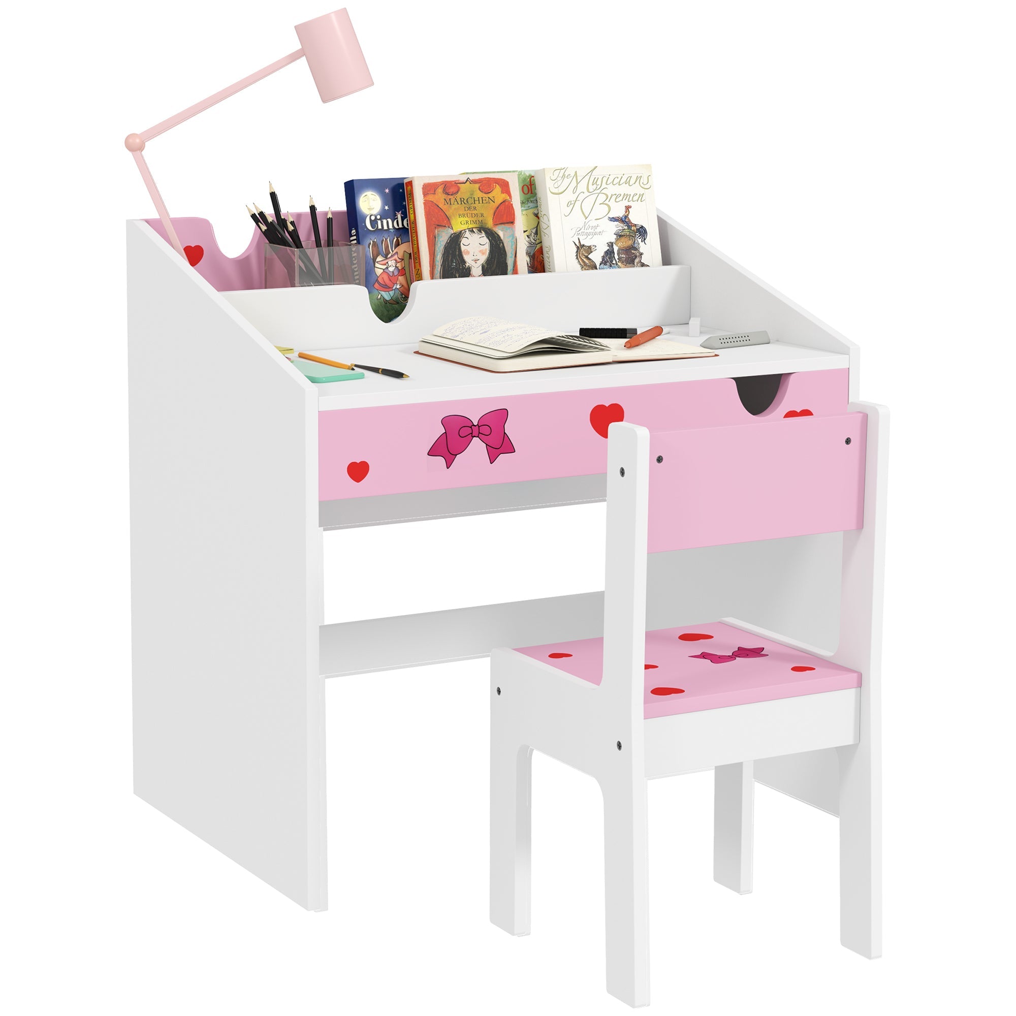 Children Study Table and Chair, Kids Desk and Chair Set with Storage, Pull-out Drawer, Gift for 3-6 Years Old - Pink