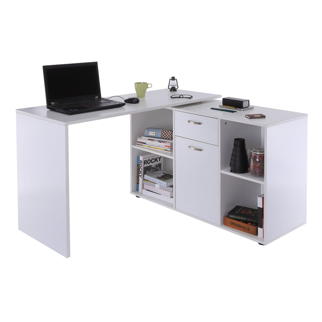 L-Shaped Computer Desk with Storage Compartments, Drawer and Cabinet, Laptop PC Corner Table, Home Office Workstation, 120 x 115 x 76cm, White