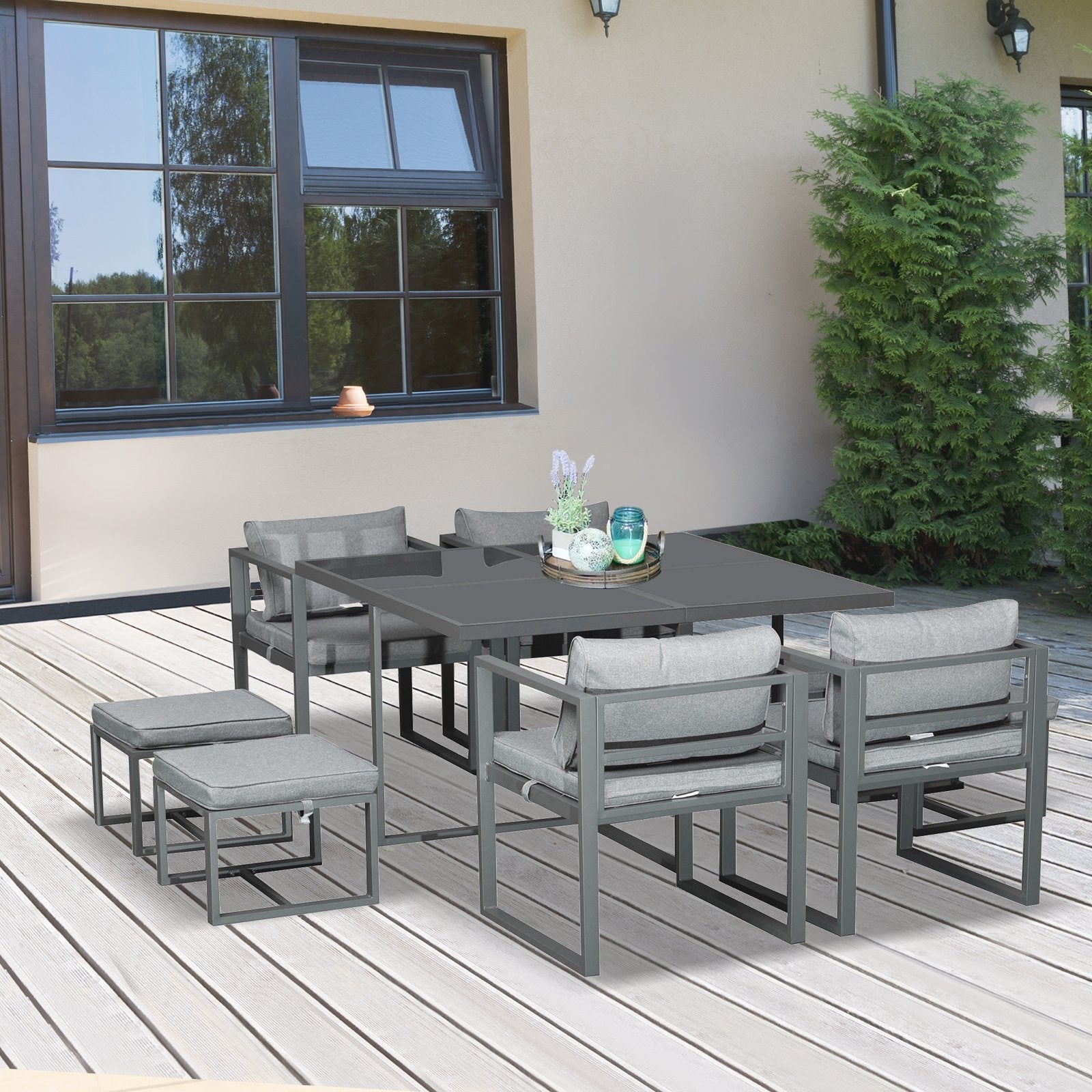 9PCs Patio Aluminium Dining Set, Space Saving Cube Set with 4 Chairs, 4 Ottoman, Cushions, 8 Seater Garden Furniture