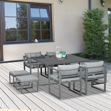 9PCs Patio Aluminium Dining Set, Space Saving Cube Set with 4 Chairs, 4 Ottoman, Cushions, 8 Seater Garden Furniture