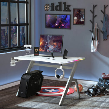 RGB 120 x 66cm Gaming Desk, Computer Table with Carbon Fibre Surface, Headphone Hook, Cup Holder, Controller Rack, Home Office Desk, White