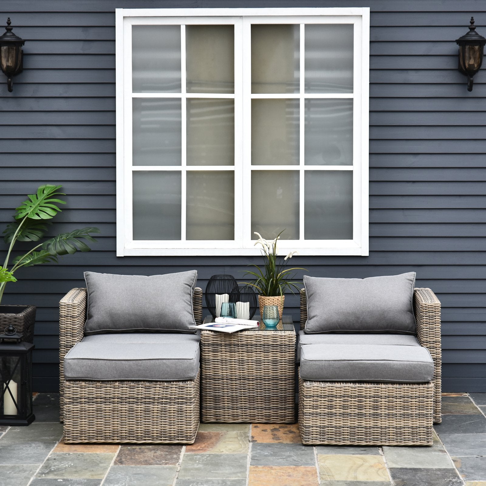 5 Piece Rattan Garden Furniture Set w/ 10cm Thick Cushions, Aluminium Frame Wicker Outdoor Balcony Sofa Set with Corner Armchairs, Ottomans, and Glass Top Table, Mixed Brown