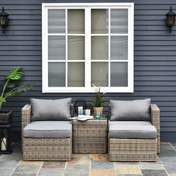 5 Piece Rattan Garden Furniture Set w/ 10cm Thick Cushions, Aluminium Frame Wicker Outdoor Balcony Sofa Set with Corner Armchairs, Ottomans, and Glass Top Table, Mixed Brown