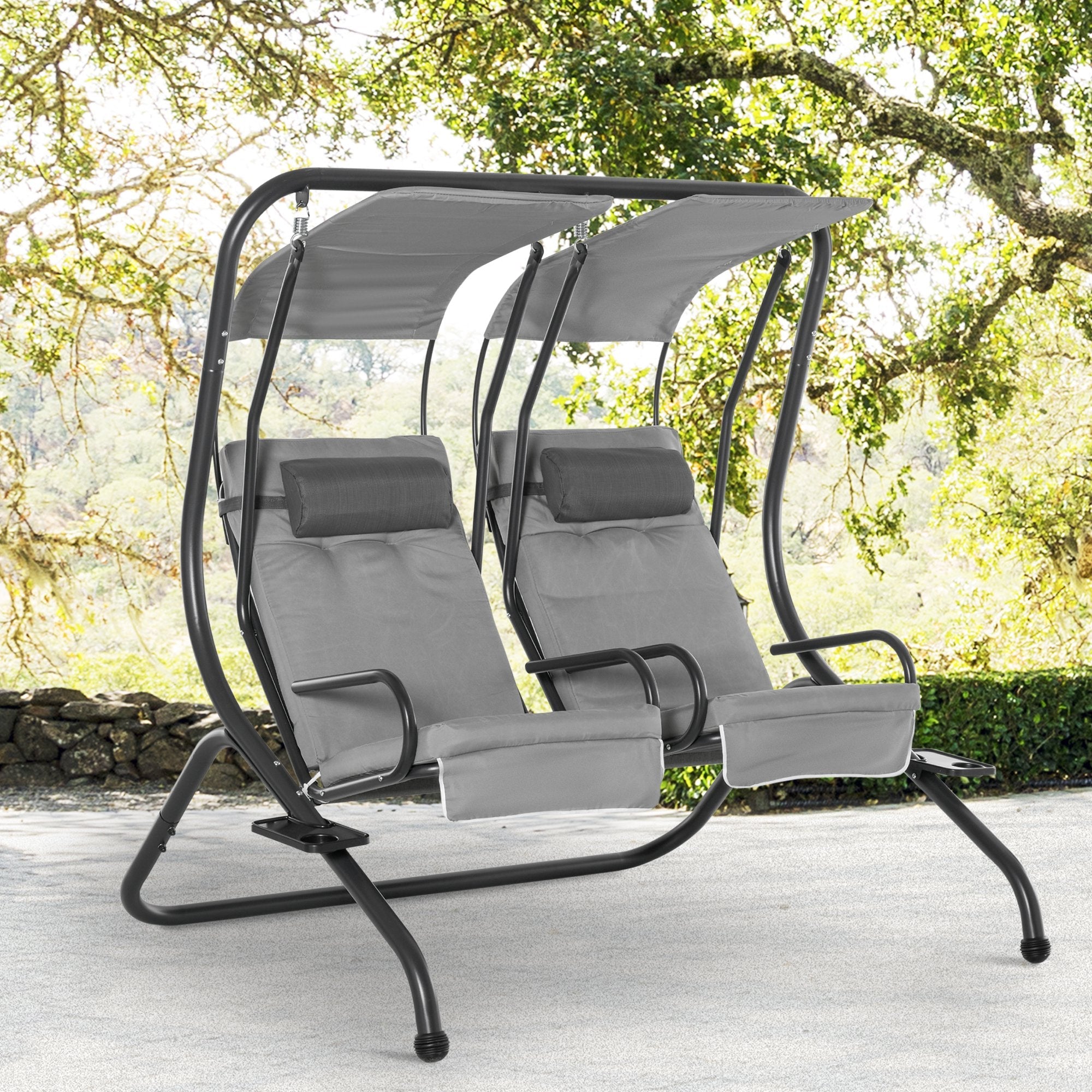 Canopy Swing 2 Separate Relax Chairs w/ Handrails and Removable Canopy Grey