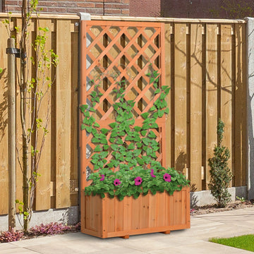 72.5 x 31.5 x 149.5 cm 45L Garden Wooden Pine Trough Planter with Topped Trellis Climbing Plants Flower Raised Bed, Orange