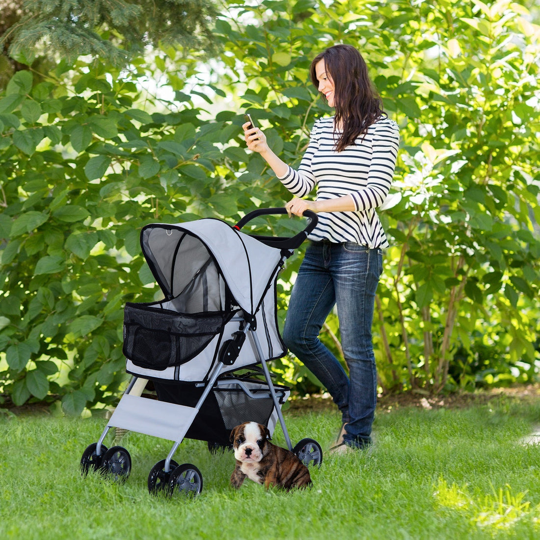 Pet Stroller for Small Miniature Dogs Cats Foldable Travel Carriage with Wheels Zipper Entry Cup Holder Storage Basket Grey