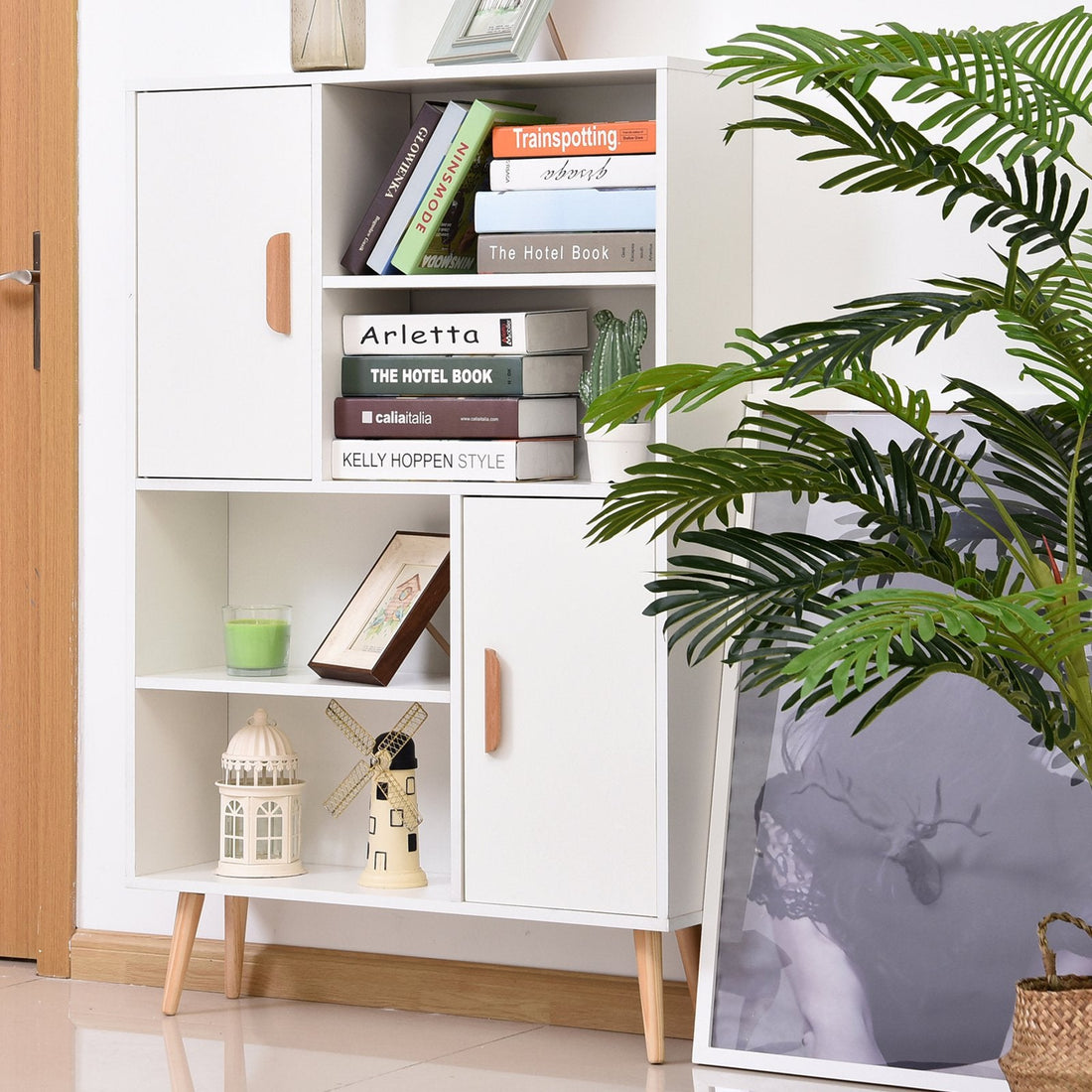 Sideboard Bookshelf Free Standing Bookcase Shelves Unit Display Storage Cabinet w/ Adjustable Shelves, Wooden Leg, Two Doors, White