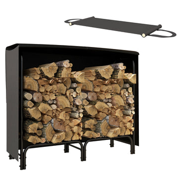 4FT Firewood Rack with Canvas Carrier Bag and 600D Oxford Waterproof Cover, Metal Log Store Indoors, Log Storage Rack Holder for Outdoor Indoor Fireplace, Black