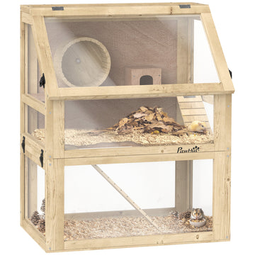 Wooden Hamster Cage with Detachable 32cm Deep Bottom, Hut, Seesaw, Exercise Wheel, Ramp, 60 x 40 x 75cm