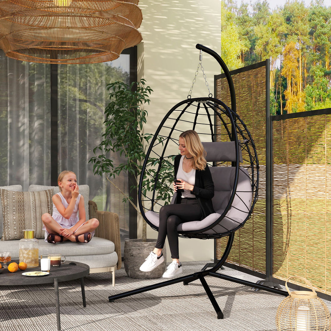 Hanging Egg Chair Outdoor Indoor Garden Swing Chair with Folding Basket, Thickened Cushion, Garden Hanging Chair with Stand, Headrest for Patio, Balcony, Grey