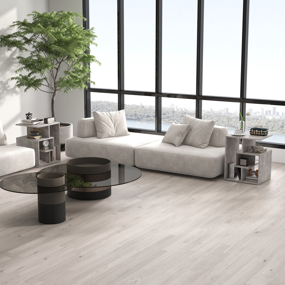 Side Table, 3 Tier End Table with Open Storage Shelves for Living Room, Bedroom, Set of 2, Cement Colour