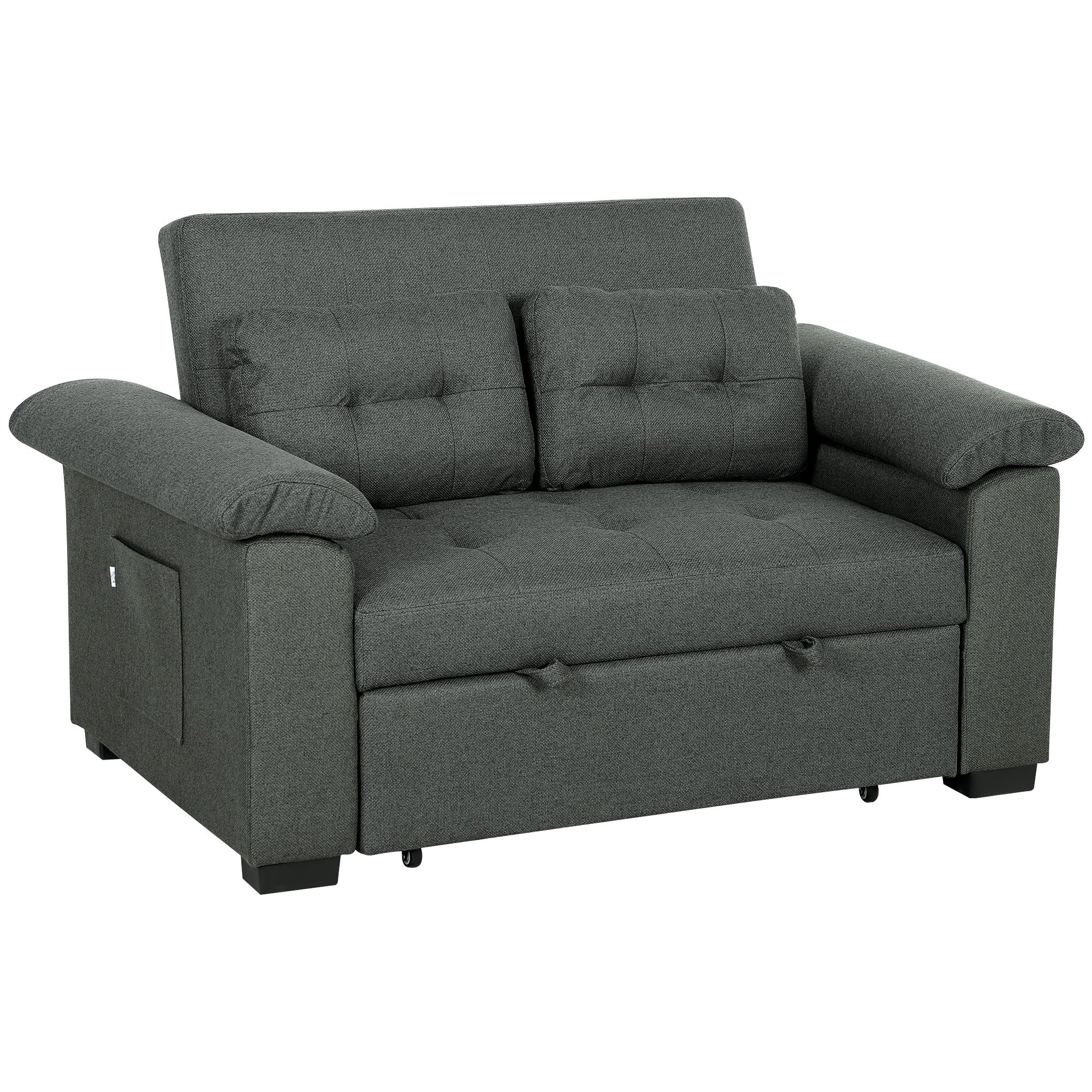 Pull Out Sofa Bed, Fabric 2 Seater Click Clack Sofa Bed Settee with 2 Pocket Springs, Convertible Sofa Couch with Pillows and Side Pockets for Living Room, Home Office, Charcoal Grey