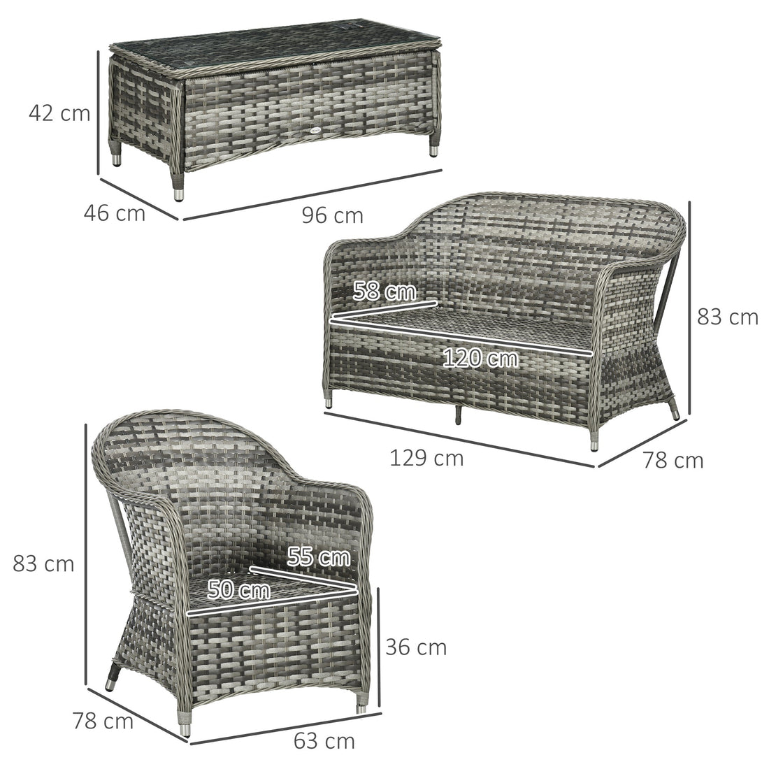 Four-Piece Rattan Sofa Set, with Glass-Top Table - Mixed Grey