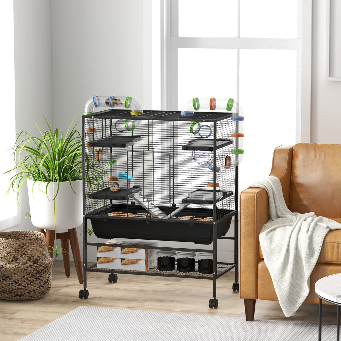 Large Hamster Cage, Gerbil Cage with Tubes, Storage Shelf, Ramps, Platforms, Running Wheel - Black