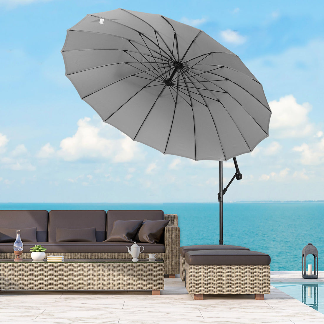 3(m) Cantilever Umbrella 18 Ribs & Vents Adjustable Angle for Patio Light Grey