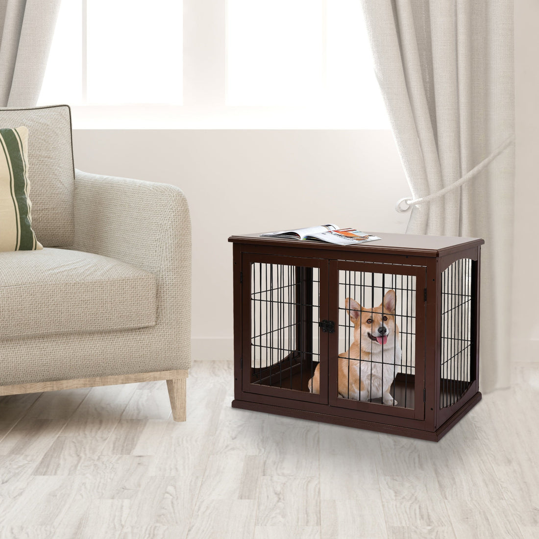 Dog Crate Furniture, Puppy Crate End Table, Pet Kennel House with 2 Doors for Medium and Small Dogs, 81 x 58.5 x 66 cm, Brown