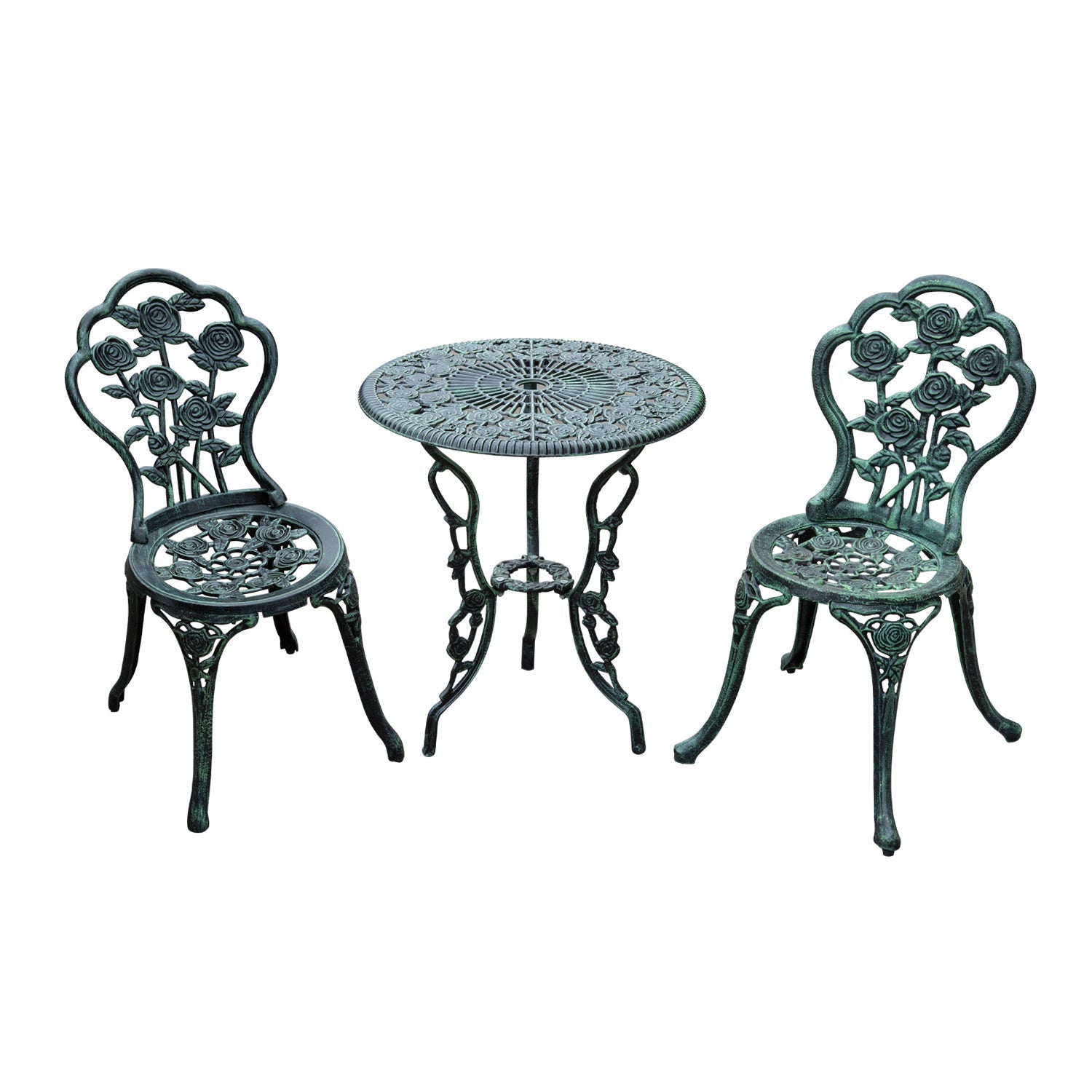 Cast Aluminium Outdoor Patio Garden Bistro Elegant Design Table Chair Set - Green (3-Piece)