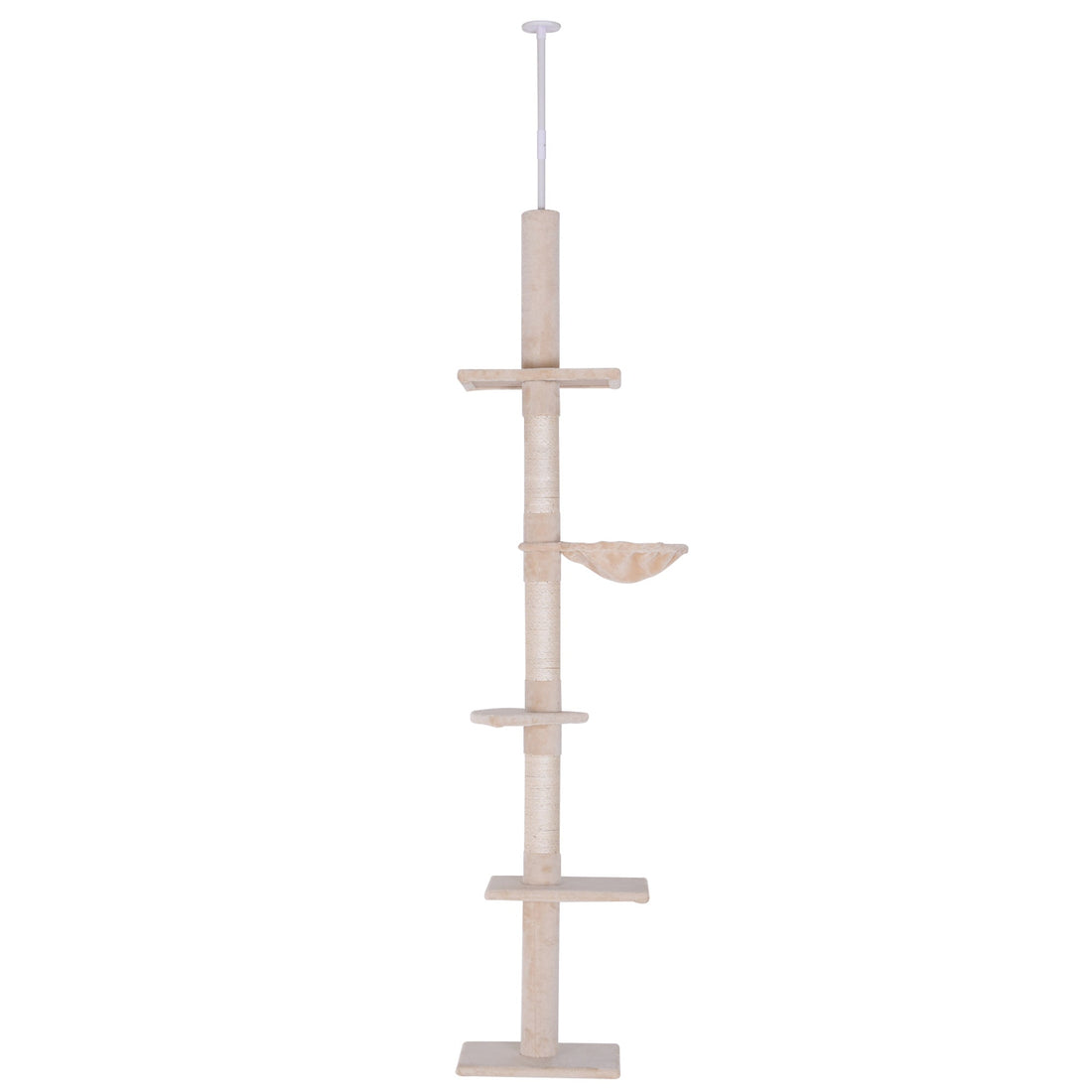 Floor to Ceiling Cat Tree for Indoor Cats 5-Tier Kitty Tower Climbing Activity Center Scratching Post Adjustable Height 230-260 cm Beige
