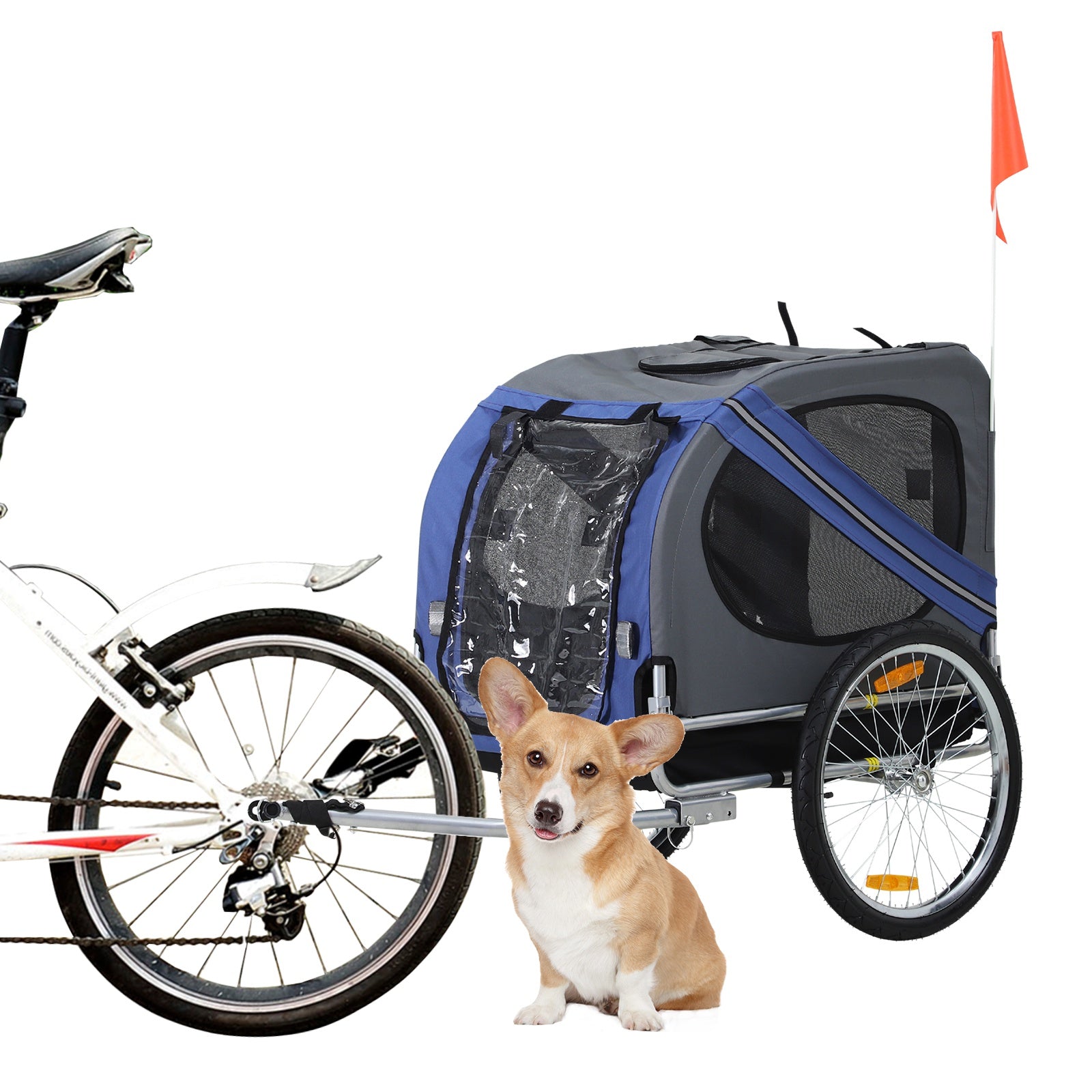 Folding Dog Bike Trailer Pet Cart Carrier for Bicycle Travel in Steel Frame with Hitch Coupler - Blue & Grey