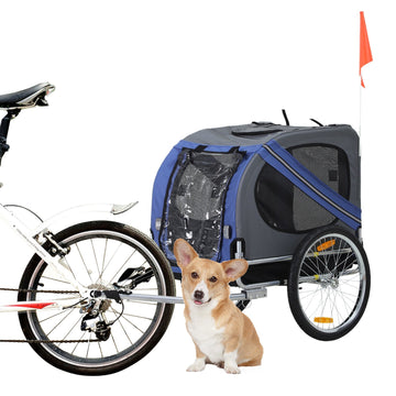 Folding Dog Bike Trailer Pet Cart Carrier for Bicycle Travel in Steel Frame with Hitch Coupler - Blue & Grey