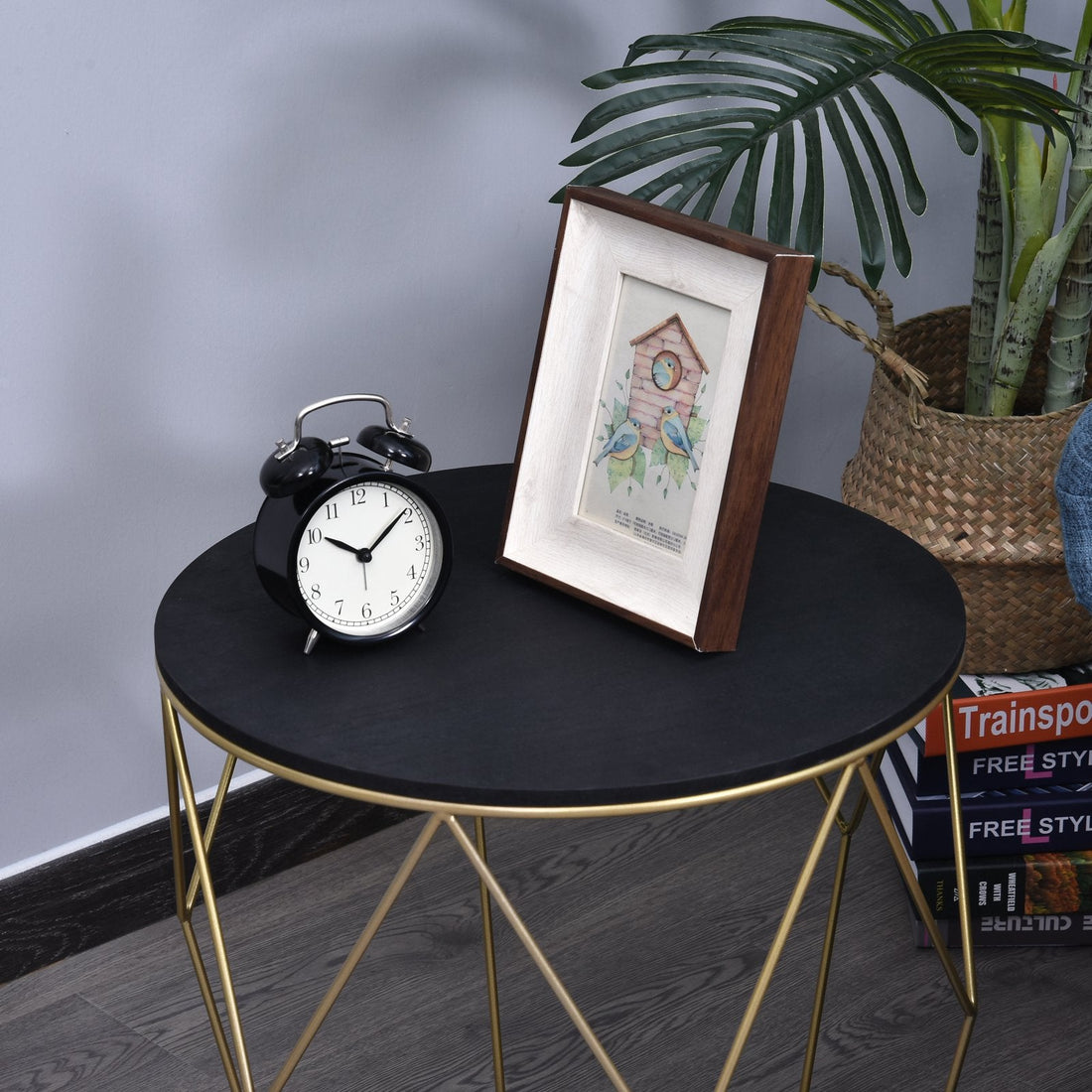 Round Coffee Table with Storage, Modern Sofa Side Table with Metal Frame, End Table for Bedroom, Living Room, Black and Gold, 45 x 45 x 48 cm