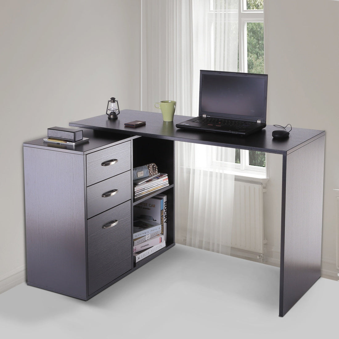 L Shaped Computer Desk, Reversible Home Office Desk with Drawers, File Cabinet and Storage Shelves, Study Table, 117 x 83.5 x 76cm, Black