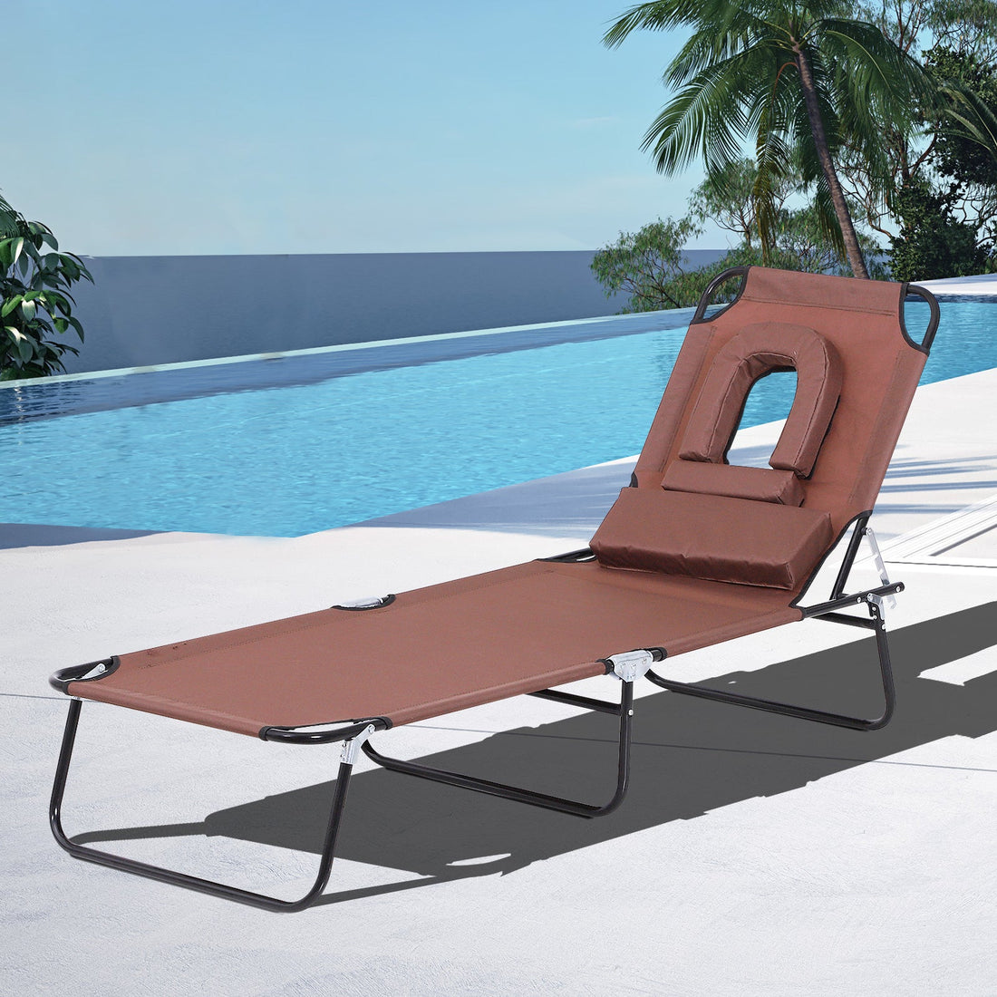 Outdoor Folding Sun Lounger with Face Hole, 4 Level Adjustable Backrest Reclining Garden Lounger, Garden Recliner Sunbed with 600 D Oxford Cloth Seat and Pillow for Beach, Brown