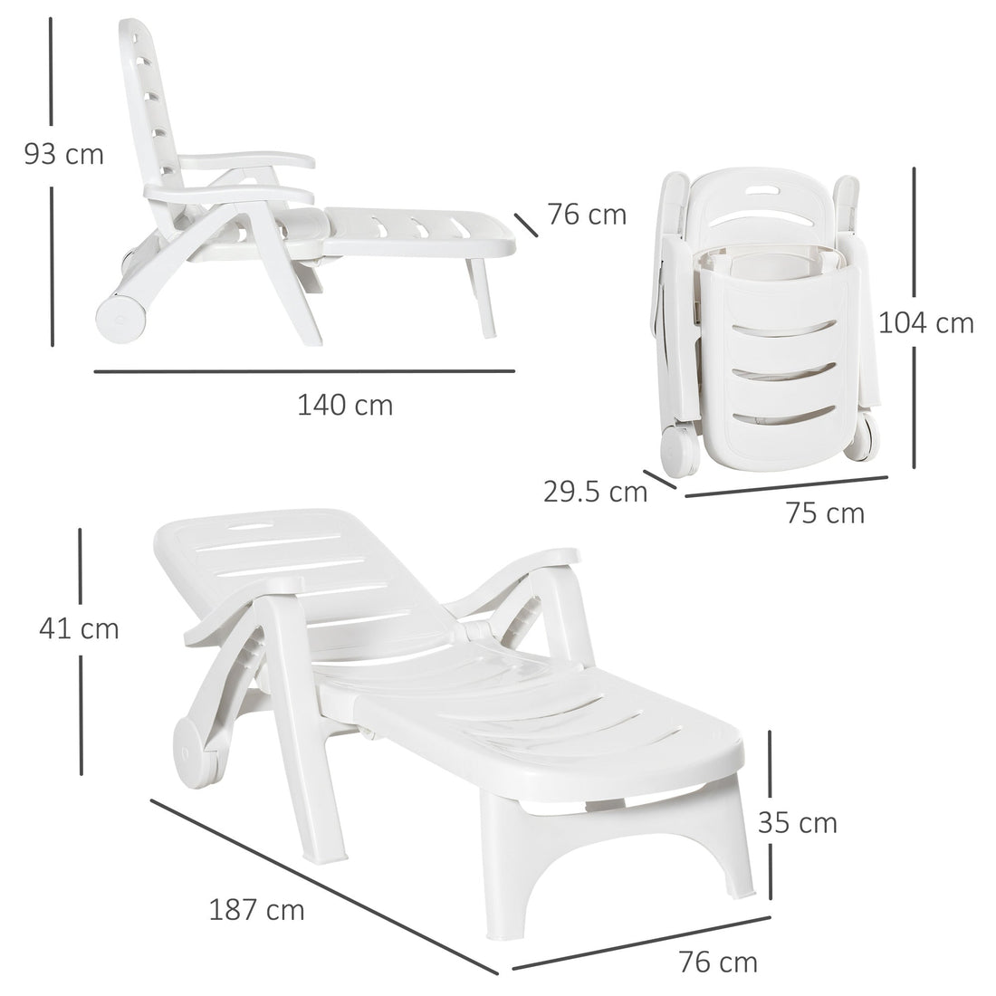 Outdoor Folding Sun Lounger Recliner on Wheels w/ 5-Position Backrest, White
