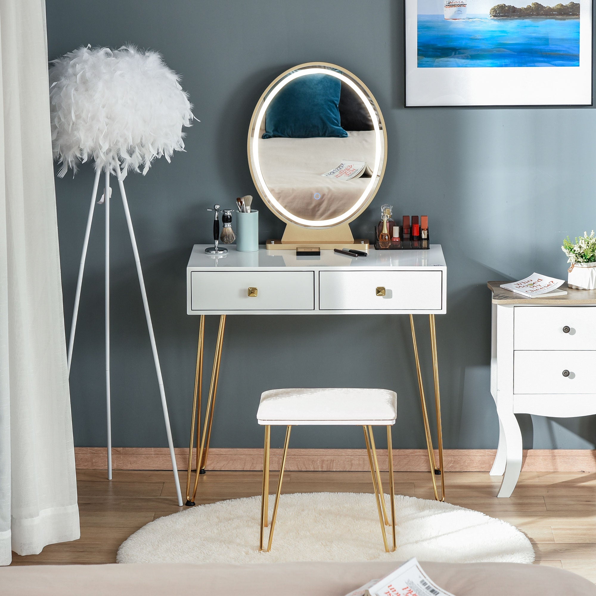 Dressing Table Set with LED Light, Round Mirror, Vanity Makeup Table with 2 Drawers and Cushioned Stool for Bedroom, White