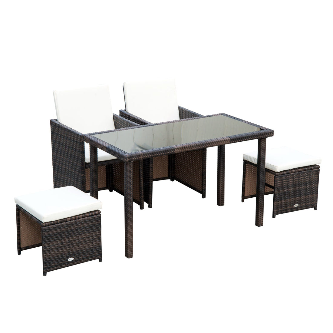 2 Seater Rattan Cube Garden Furniture Set, Rattan Dining Set with Cushions, Outdoor Dining Table and Chairs with 2 Armchairs, 2 Stools, Rectangular Glass Top Table for Patio, Balcony, Brown