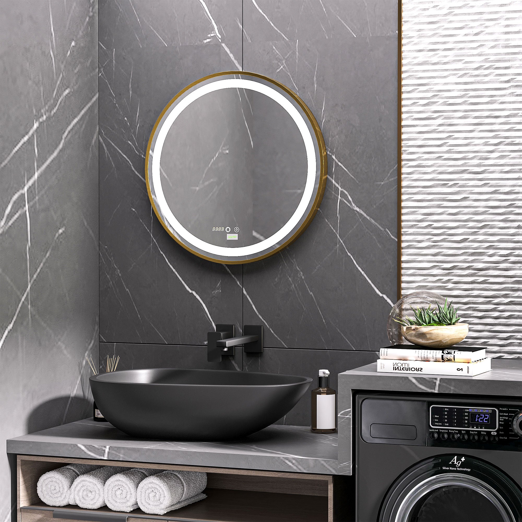 Round LED Bathroom Mirror, Dimmable Lighted Wall Mount Mirror with 3 Colours, Time Display, Memory Function, Hardwired