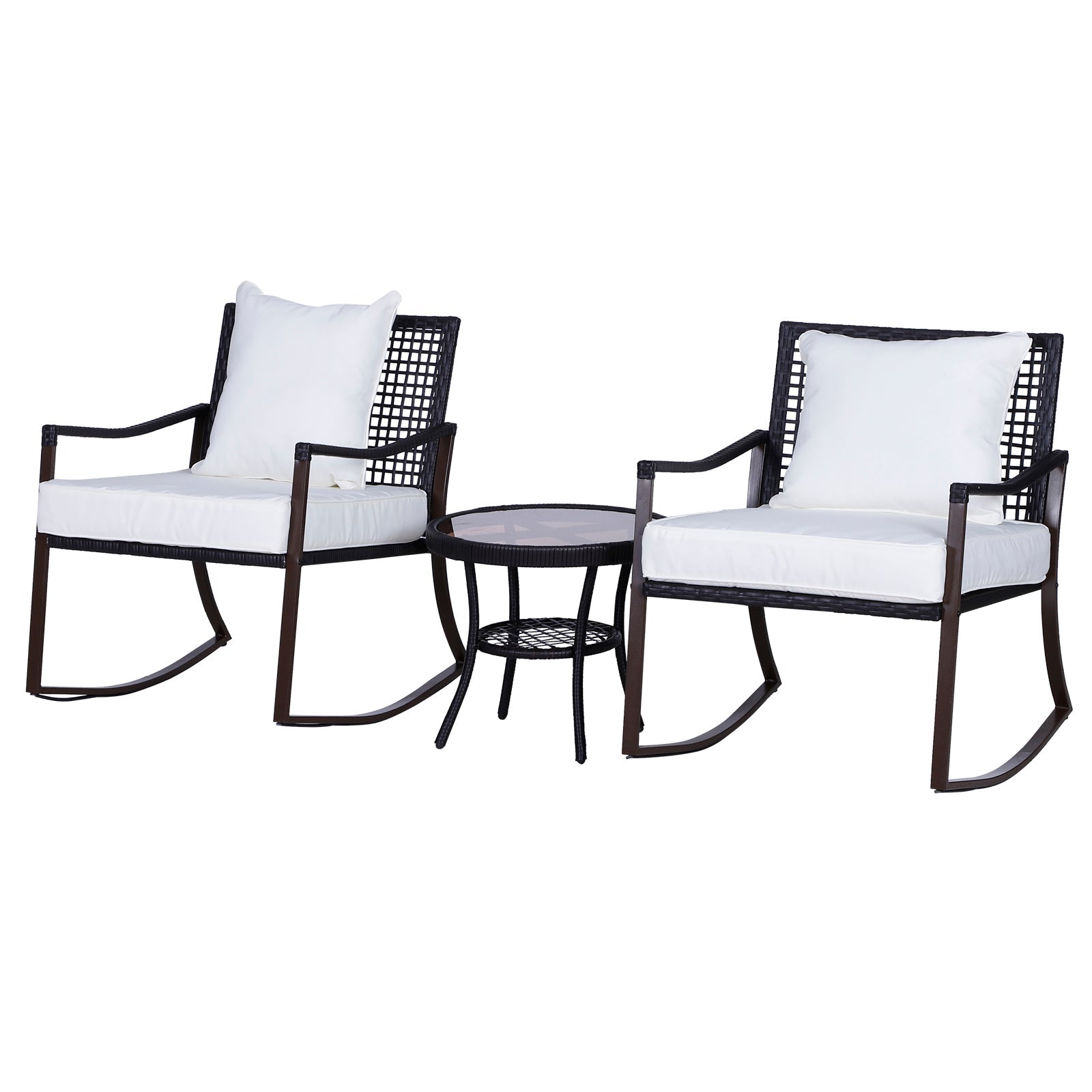 Rattan Bistro Set, 3 Pieces Wicker Garden Furniture Set with Rocking Chairs and Round Glass Top Coffee Table, Small Balcony Furniture with Cushions for Outdoor, Porch, Brown