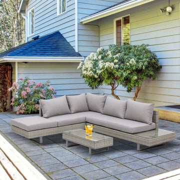 Three-Piece Corner Rattan Set, with Glass Tables