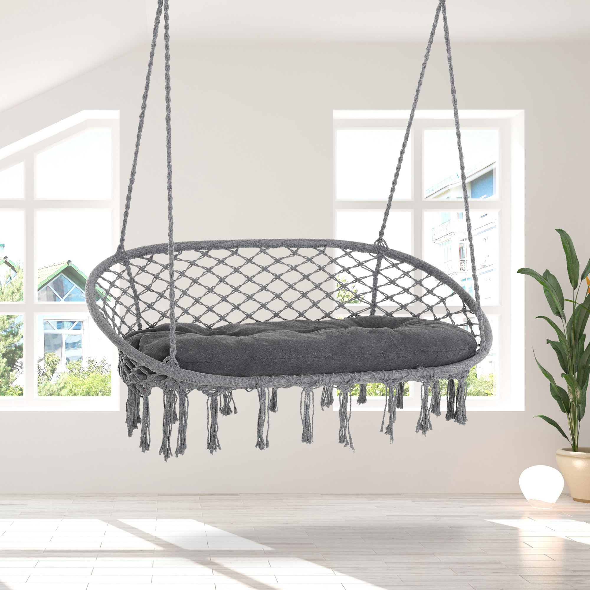 Outdoor Hanging Rope Chair with Cotton Rope, Cotton-Polyester Blend Macrame Garden Hammock Chair with Seat Cushion, Support Backrest, for Patio, Garden, Porch, Dark Grey