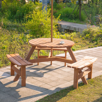 6 Seater Wooden Picnic Table and Garden Benches Set, Round Garden Dining Set with 3 Benches and Umbrella Hole Outdoor Garden Park, Brownish Red