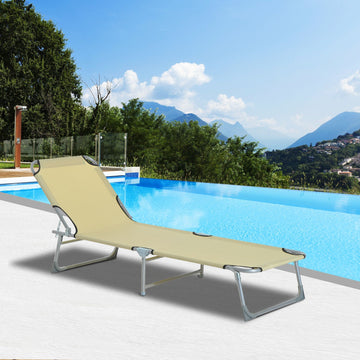 Reclining Sun Lounger Chair Folding Camping Bed with 4-Position Adjustable Backrest, for Travel Indoor Outdoor Office Fishing, Beige