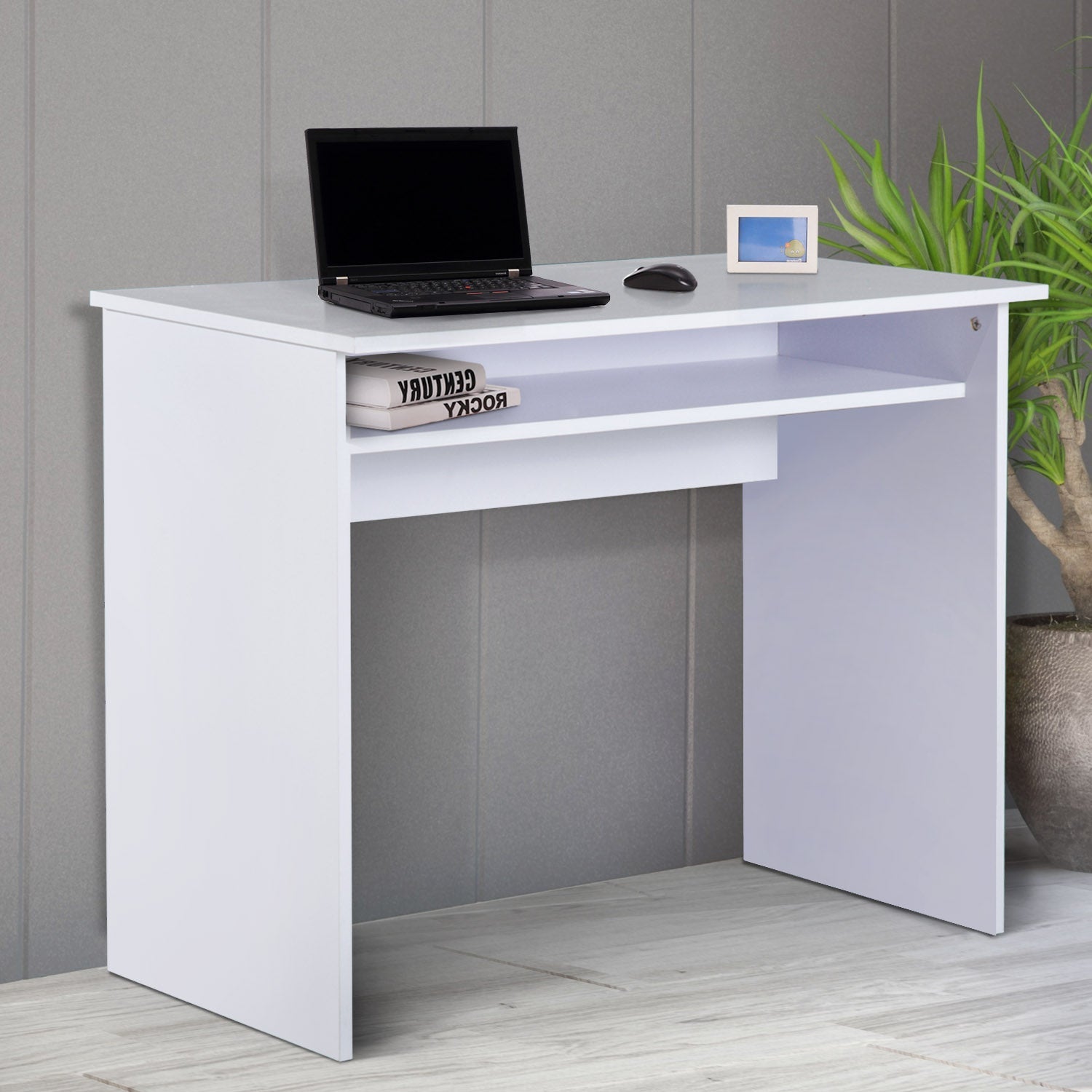 Modern Computer Desk, Home Office Table, Small Writing Desk with Storage Shelf, 90 x 50cm, White Wood Grain
