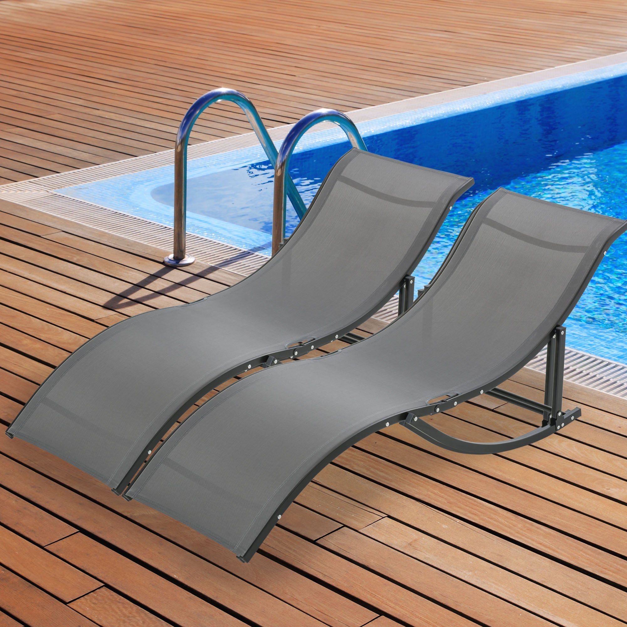 Set of 2 S-shaped Foldable Lounge Chair Sun Lounger Reclining Outdoor Chair for Patio Beach Garden, Grey