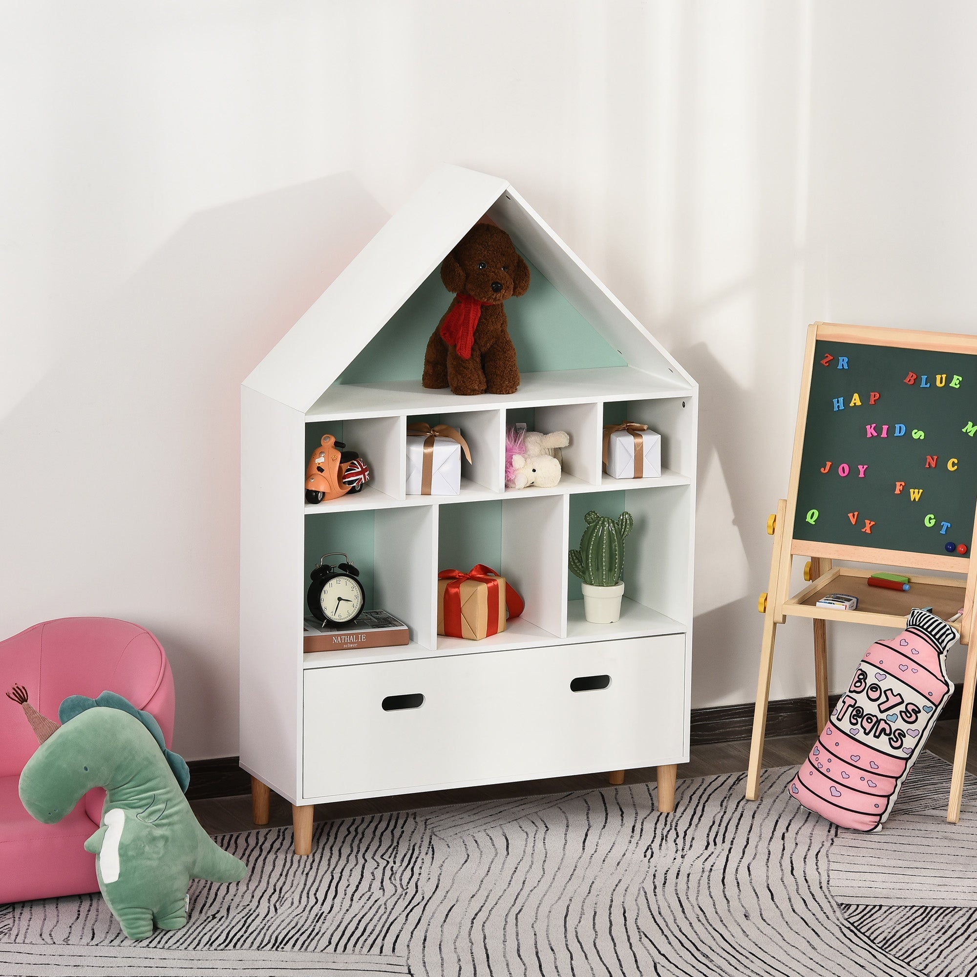 Kids House-Designed Bookshelf, with Drawer – Blue & White