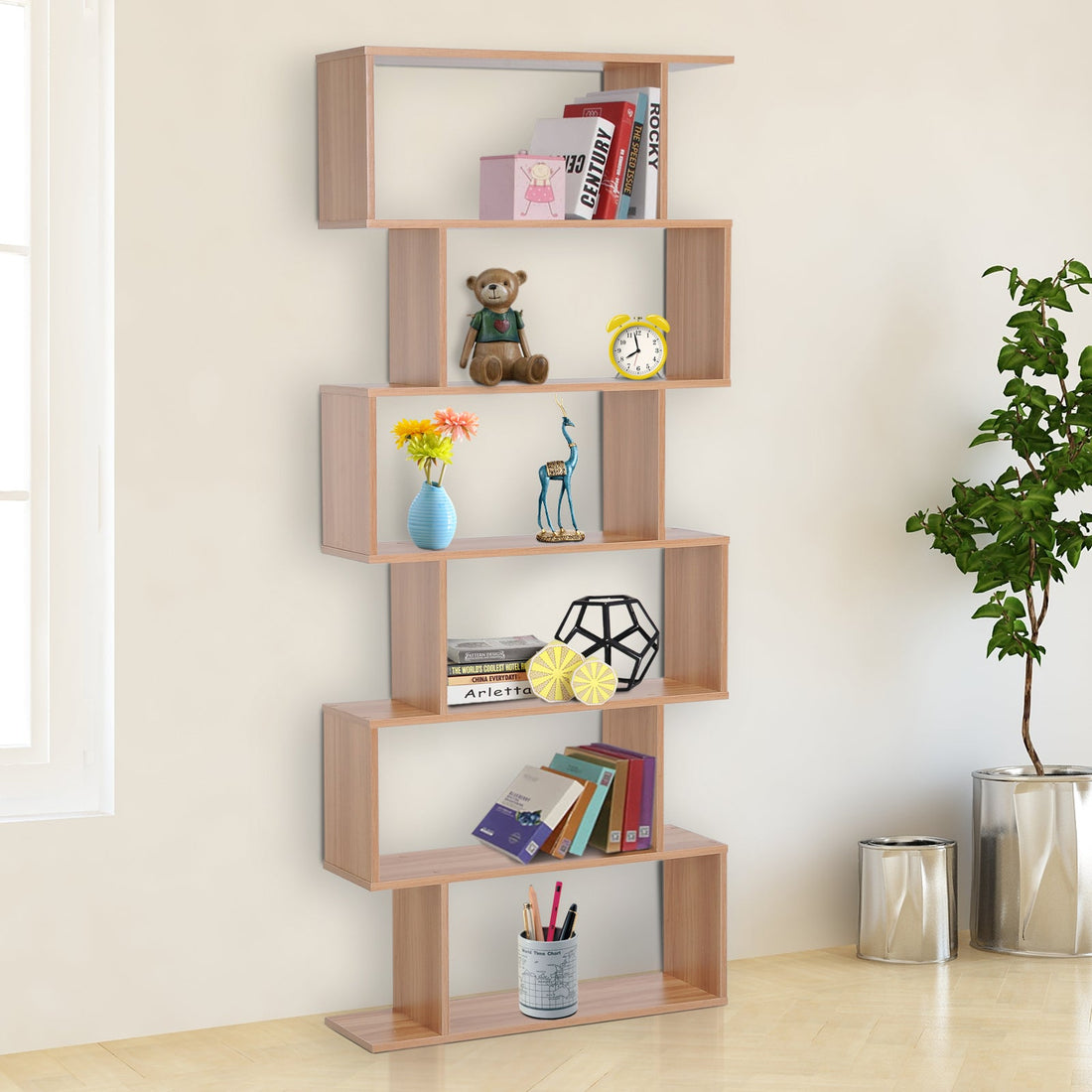 Bookcase, 6 Tier Shelf S Shaped Bookshelf, Storage Unit, Display Shelf for Living Room, Bedroom, Home Office, Plant, Maple
