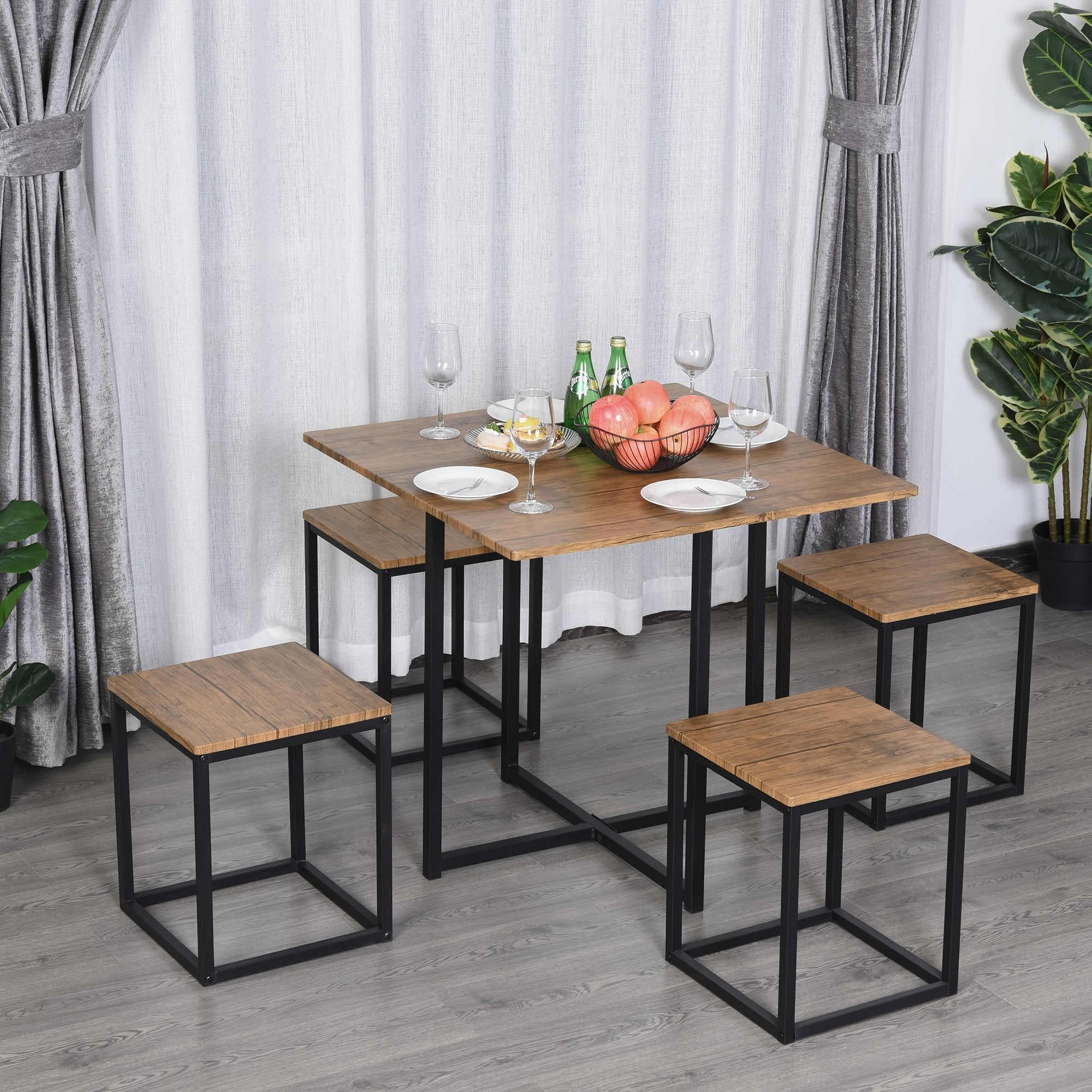 5 Piece Dining Table and Chairs Set 4, Industrial Space Saving Table and Chairs with Metal Frame, Square Kitchen Table and Stools for Dining Room, Brown