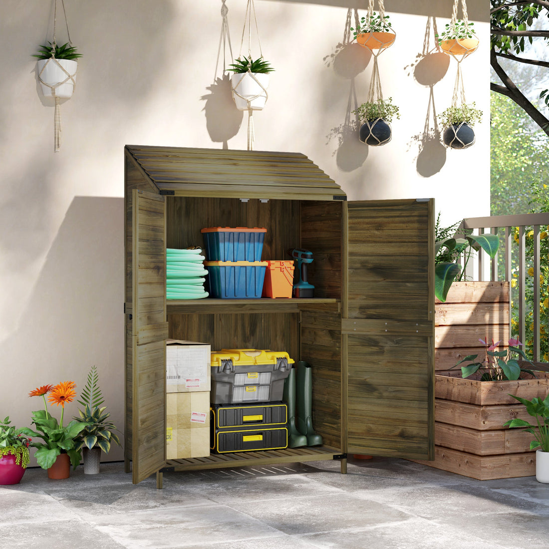 59 x 103.5 cm Two-Tier Wooden Garden Shed - Green