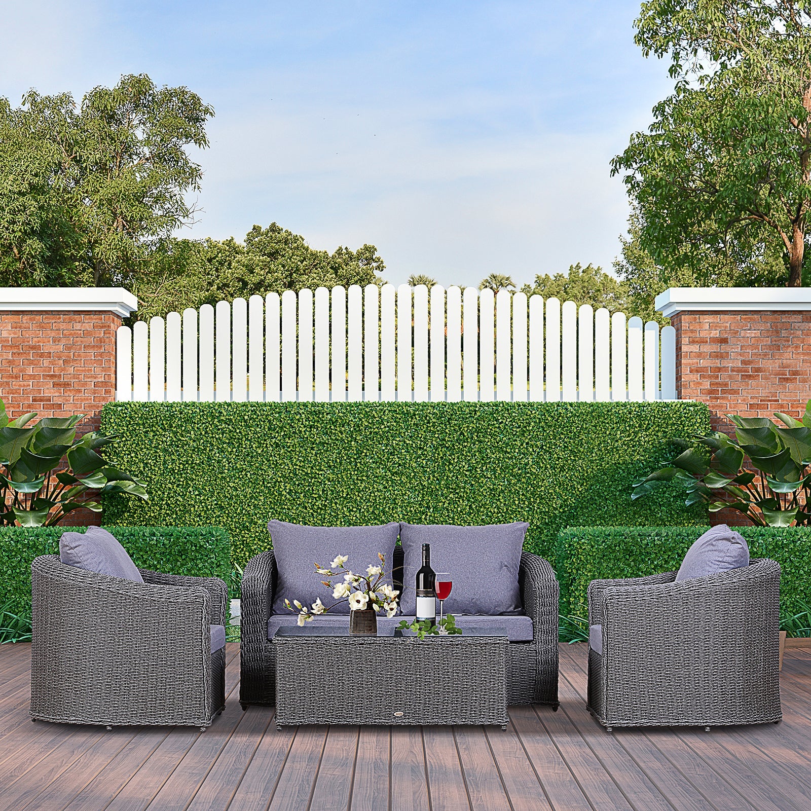 Deluxe Round PE Rattan Garden Furniture Set, Fully-assembly Outdoor Sofa Set with Armchair, Loveseat, Glass Top Coffee Table, Aluminium Frame, Cushion, Grey