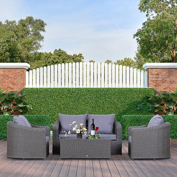 Deluxe Round PE Rattan Garden Furniture Set, Fully-assembly Outdoor Sofa Set with Armchair, Loveseat, Glass Top Coffee Table, Aluminium Frame, Cushion, Grey