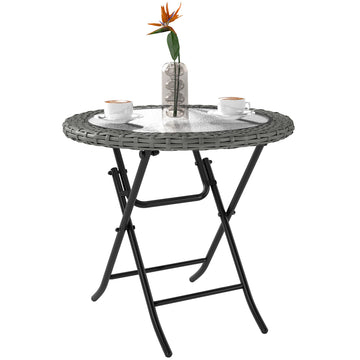 Folding Rattan Garden Dining Table, 68 cm Round Rattan Garden Table with Water Ripple Tempered Glass Top, Wicker Edging and Steel Frame for Outdoor, Patio, Grey