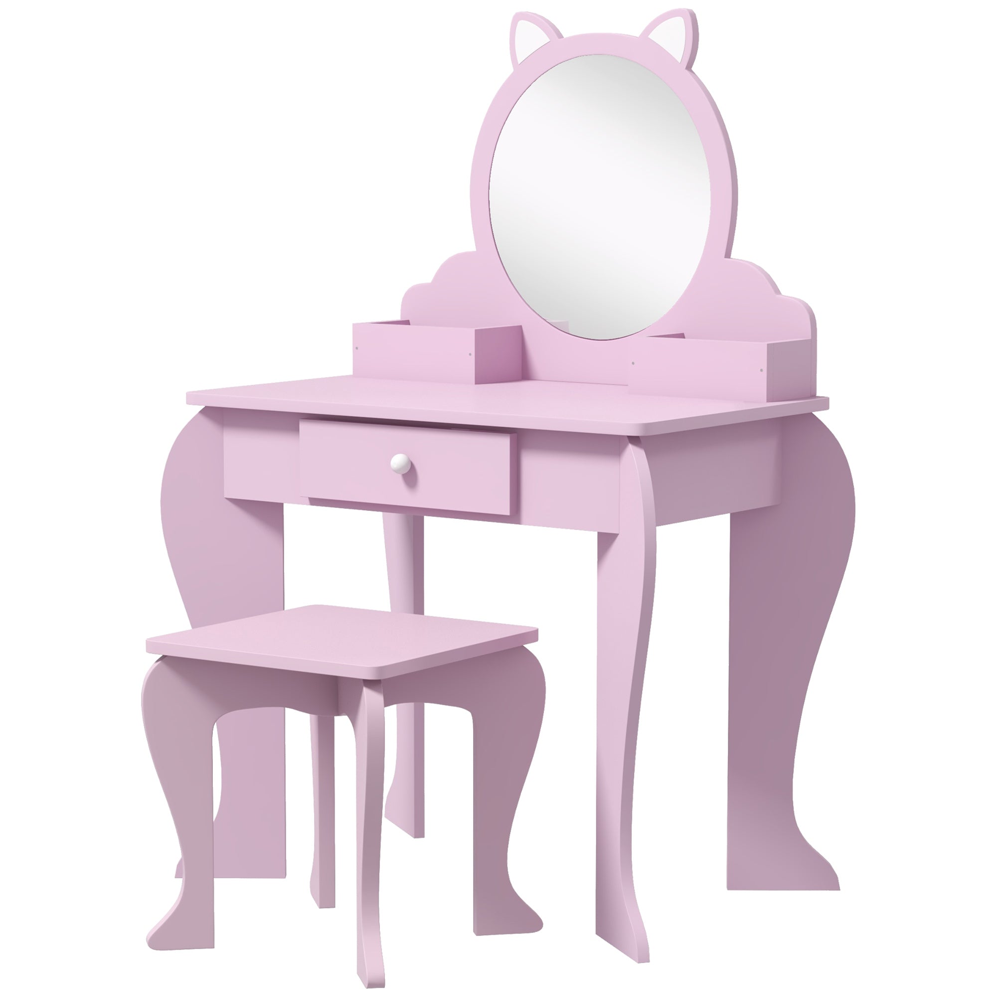 Kids Vanity Table with Mirror, Stool, Drawer, Storage Boxes, Cat Design, for Ages 3-6 Years - Pink