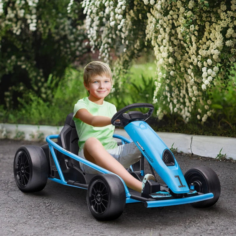 24V Drift Kart, Electric Ride-On Racing Go Kart w/ 2 Speeds, Steering Wheel, Pedals for Kids Aged 8-12, Blue