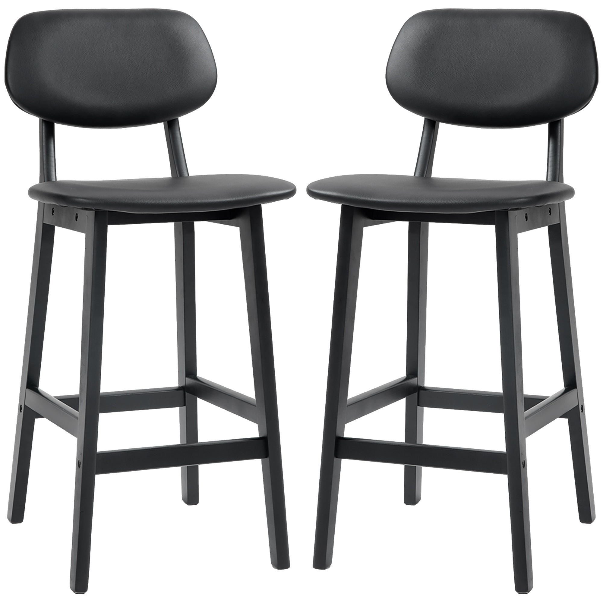 Set of Two Wooden Classic Bar Stools, with Faux Leather Seats - Black