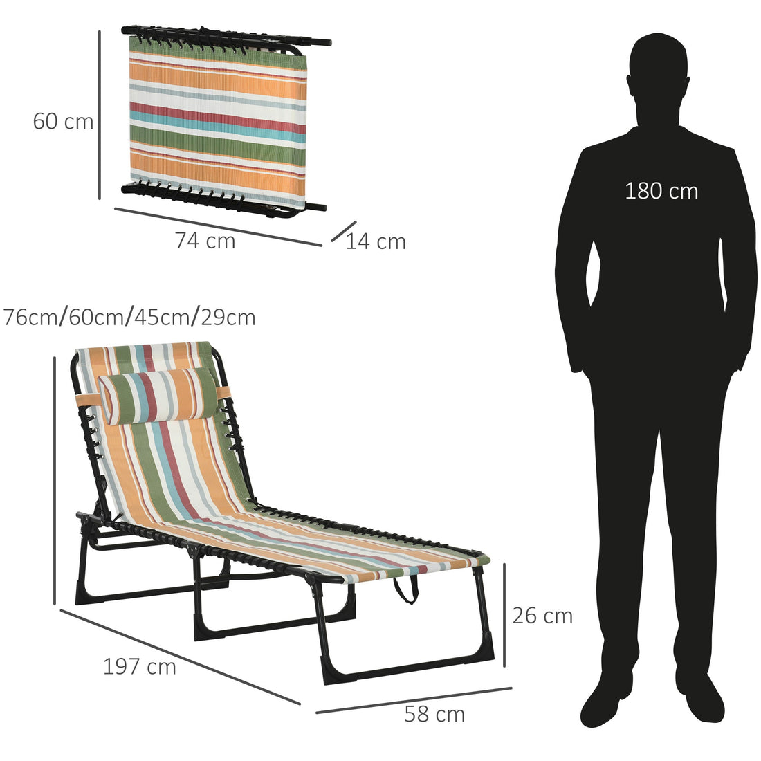 Folding Sun Lounger Beach Chaise Chair Garden Reclining Cot Camping Recliner with 4 Position Adjustable Multicolored